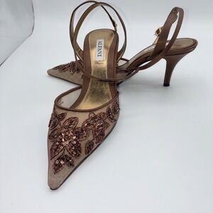 Alfani Womens 6M Brown Beaded Mesh Pointed Toe Slingback Heels Formal Party Chic
